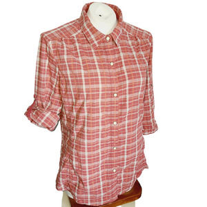 REI 3/4 sleeve snap-up front plaid shirt